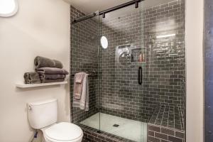 a bathroom with a glass shower with a toilet at Urban Sterchi Lofts - Downtown Knoxville in Knoxville