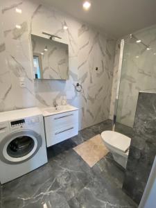 een badkamer met wasmachine en toilet bij Agroturystyka Rybno in Rybno +12 foto's