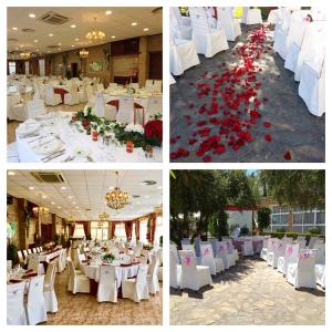four pictures of a banquet hall with white tables and red flowers at Hotel El Águila in Utebo
