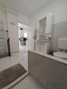 a white kitchen with a sink and a toilet at Déri Kert Apartmanház B in Baja +18 photos