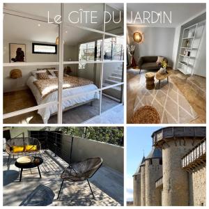 een collage van foto's van een slaapkamer en een hotelkamer bij Le Donjon de Lily - Cœur de La Cité Médiévale in Carcassonne
