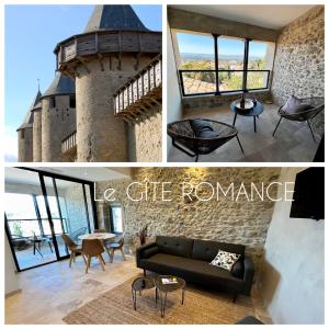sala de estar con sofá y torre del castillo en Le Donjon de Lily - Cœur de La Cité Médiévale en Carcassonne