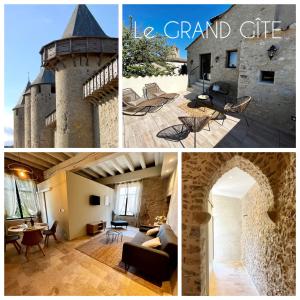 un collage de quatre photos d'un château dans l'établissement Le Donjon de Lily - Cœur de La Cité Médiévale, à Carcassonne