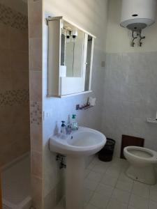 ein Badezimmer mit einem Waschbecken, einem WC und einem Spiegel in der Unterkunft La Pace Case vacanza in Campora San Giovanni