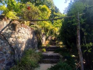 a set of stairs leading up to a stone wall at Les Jardins d'Arbousse in Saint-Jean-du-Gard
