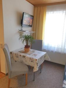 a room with a table with a potted plant on it at Glückselefant 01 in Heringsdorf