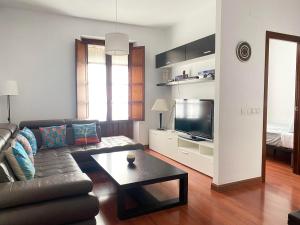 uma sala de estar com um sofá e uma televisão em Hispalis San Julian em Sevilha