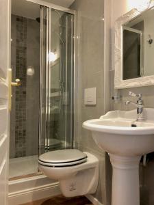 W łazience znajduje się toaleta, umywalka i prysznic. w obiekcie Hôtel D’Artiste w mieście Pierrefontaine-les-Varans