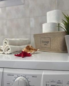 a stack of towels and towels on top of a washing machine at Holiday House Ermionida in Thermisia +36 photos