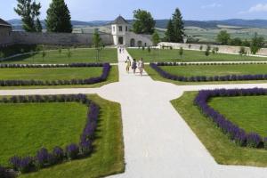 a walkway through a garden with purple flowers at Dom Stefany in Spišské Podhradie