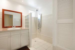 a bathroom with a shower and a sink and a mirror at Villa Picasso in Sainte-Rose +9 photos