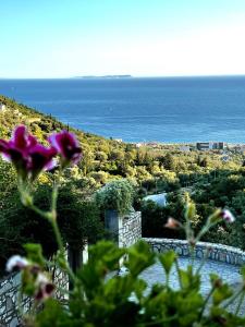 a purple flower in front of a view of the ocean at Alex Boutique Hotel in Himare