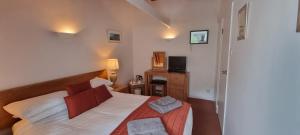 Dormitorio pequeño con cama y TV en The Crumplehorn Inn & Mill, en Polperro