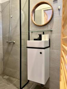 een badkamer met een wastafel en een spiegel bij Villa Famiri Boutique hotel in Paramaribo