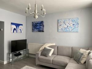 salon z kanapą i telewizorem w obiekcie Aurora Tor w mieście Glastonbury