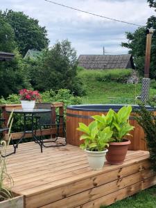 a deck with potted plants and a hot tub at Lahemaa Glamping in Viinistu