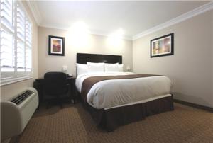 Cette chambre comprend un grand lit et une fenêtre. dans l'établissement Raincross Hotel Riverside, à Riverside