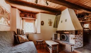 sala de estar con chimenea y sofá en Marko's eco cabin, en Bled