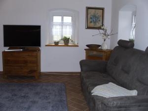 uma sala de estar com um sofá e uma televisão de ecrã plano em Magnolienhaus em Schirgiswalde