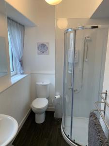 a bathroom with a toilet and a glass shower at Traditional Caithness Stone house in Wick +13 photos