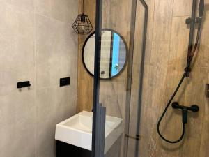 a bathroom with a shower and a sink and a mirror at Royal Blue Port in Rowy +33 photos
