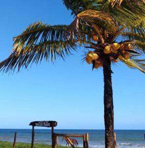 a palm tree on the beach with a street sign at Pousada Dolce Mare in Cacha Pregos