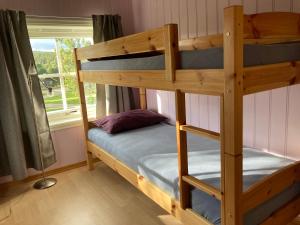 a wooden bunk bed in a room with a window at Roste Hyttetun og Camping in Os
