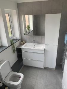 y baño con lavabo y aseo. en Crowthorne House, beautiful 3 bedroom Home for upto 8 Guests, with sofa bed Cul-de-sac with Private Driveway, en Nottingham