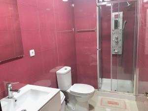 La salle de bains est pourvue de toilettes, d'une douche et d'un lavabo. dans l'établissement Green Charming, à Lisbonne