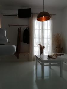 una sala de estar con una mesa con un gato. en Helen Studios en Naxos