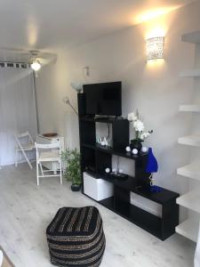 a living room with a tv and a black book shelf at Charmant 2 pièces proche de la plage de Socoa in Urrugne