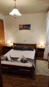 a bedroom with a large bed and two tables and two lamps at Retro Wooden House Gaios in Gaios