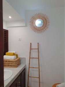 ein Badezimmer mit einer Leiter und einem Spiegel an der Wand in der Unterkunft STUDIO Feuilles d'or in La Trinité