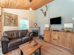 ein Wohnzimmer mit einem Ledersofa und einem TV in der Unterkunft Picturesque cottage on Park Hunzebergen in Exloo