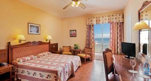 Habitación de hotel con cama, escritorio y TV. en Hotel Monopol en Puerto de la Cruz
