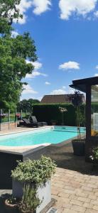 a large swimming pool in a yard with trees at B&B Woodside in Torhout