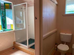 a bathroom with a toilet a sink and a window at Dreamtime Travellers Rest , Guest House in Cairns