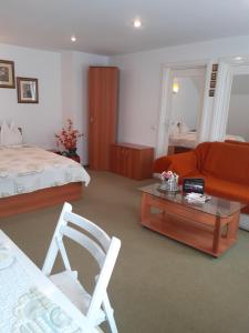 a bedroom with a bed and a couch and a table at Pensiunea Floare de Colt in Sinaia