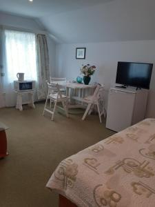 a bedroom with a table and a tv and a table and chairs at Pensiunea Floare de Colt in Sinaia +53 photos