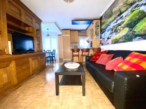 - un salon avec un canapé noir et une télévision dans l'établissement Housingleón - Tu casa en León, à León