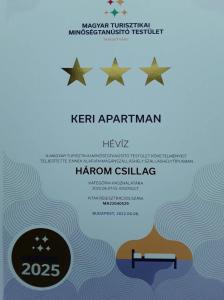 Certifikát, ocenenie alebo iný dokument vystavený v ubytovaní Keri Apartman