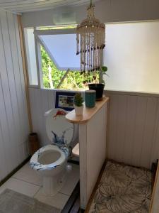 a bathroom with a toilet and a window with plants at FARE TEMANEA in Papetoai