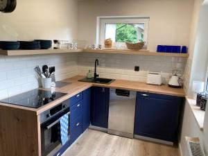 a kitchen with blue cabinets and a sink at Domki pod brzozami Ustroń in Ustroń