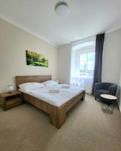 a bedroom with a bed and a chair and a window at Apartmány hotelu Ostrý in Železná Ruda