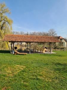 einen Park mit einem Pavillon auf einem Rasenplatz in der Unterkunft Waldhof-Iphofen in Iphofen