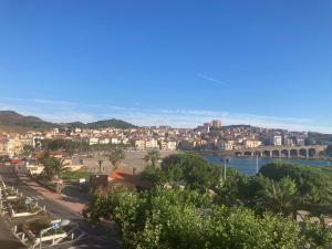 a view of a city with a river and a bridge at Hotel Les Pecheurs in Banyuls-sur-Mer