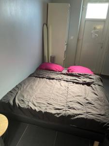 1 cama con 2 almohadas rosas en una habitación en Le Studio de Lucie en Villeurbanne