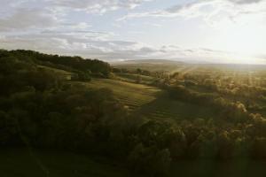 an aerial view of a field with trees and the sun at Badgers Sett in Chipping Campden