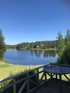 a view of a lake from a deck at Mysigt fritidshus och annex med eget sjöläge! in Torsby