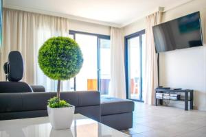 a living room with a couch and a plant on a table at Large terrace with views on the cliffs at Balcon De Los Gigantes in Puerto de Santiago